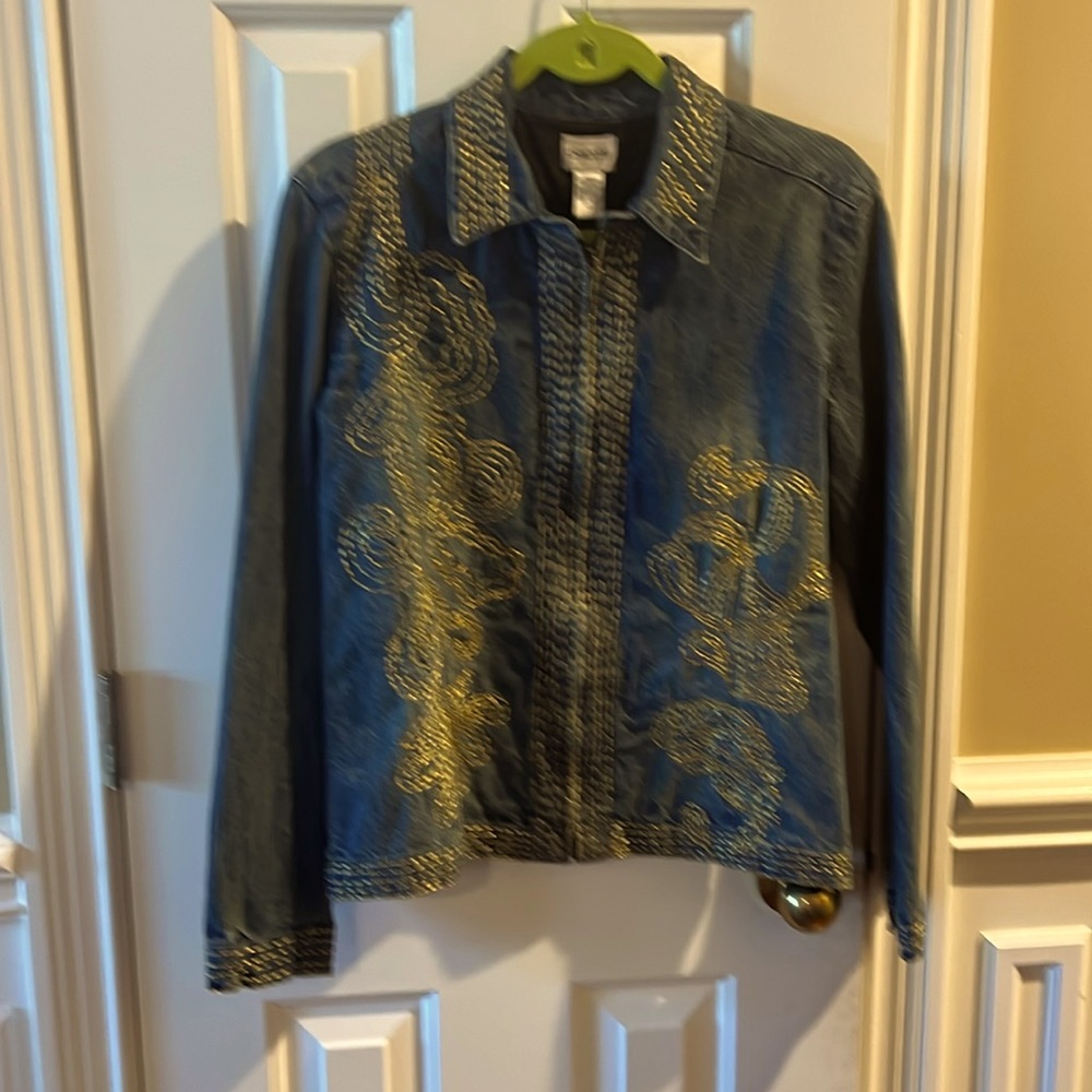 Great Chico’s denim jacket.  Size small is like a 6-8